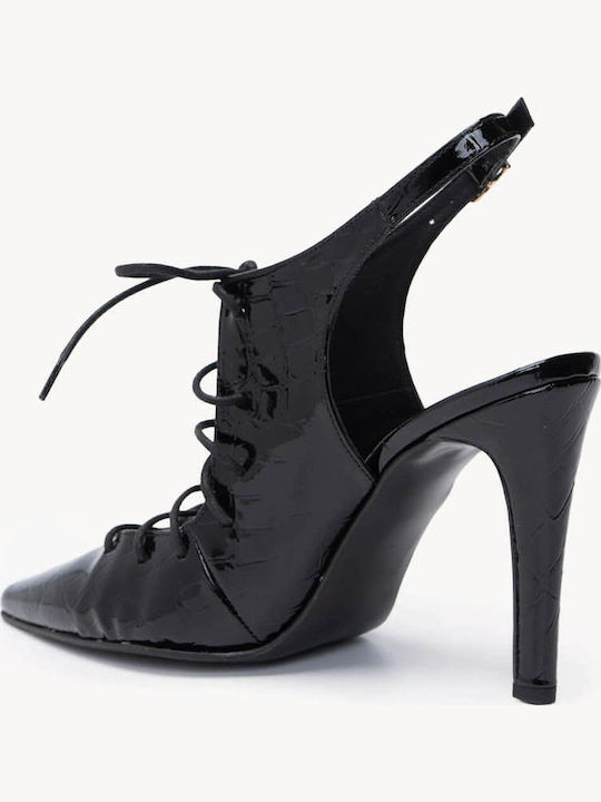 Schwarze Pumps Krokoleder Mit Riemen Am Knöchel