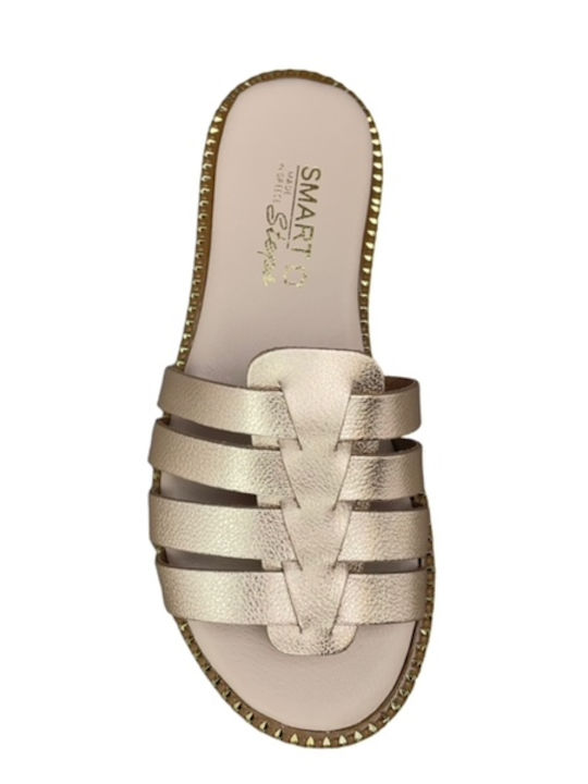 Leather Women's Flat Sandals in Gold Color