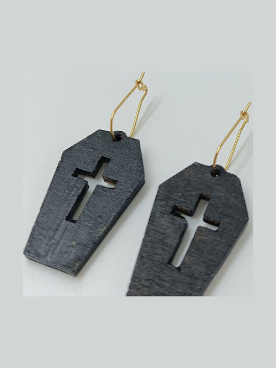Vergoldete Schwarze Holzsarg Gravur Kreuz Ohrringe Toxylo