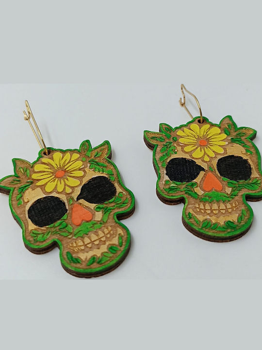 Wooden Multicolour Earrings Sugar Skull Engraving Toxylo