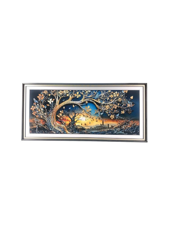 Efecte Relief Mari Pe Pânză Copac Viață Pietricele În Cadru Auriu 94x44 Cm