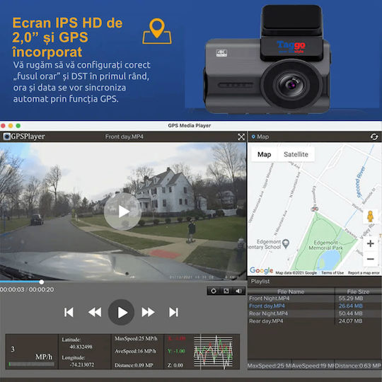 Taggo Σετ Κάμερα DVR Αυτοκινήτου 4K Wi-Fi, GPS & Κάμερα Οπισθοπορείας