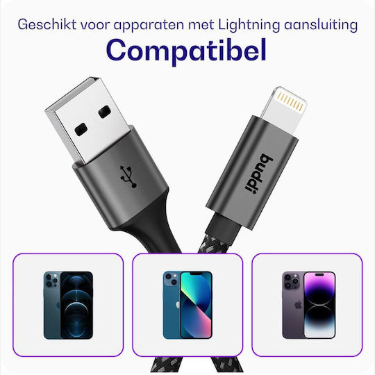 Buddi Flex Spiral USB-A to Lightning Cable 12W Μαύρο 1m