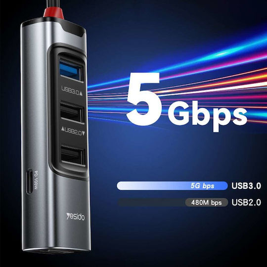 Yesido HB20 Hub 4 Θυρών USB 3.0 με σύνδεση USB-A / USB-C Γκρι