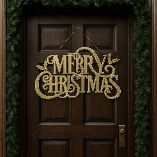 Due esse Christmas Hanging Door Decoration "Merry Christmas" Gold Metal 42x63cm
