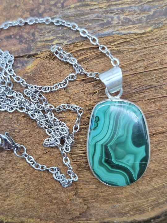 Silver Plated Malachite Necklace Balance & Protection – Steel Chain 25 Cm