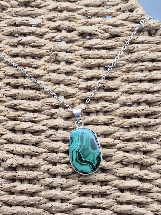 Silver Plated Malachite Necklace Balance & Protection – Steel Chain 25 Cm