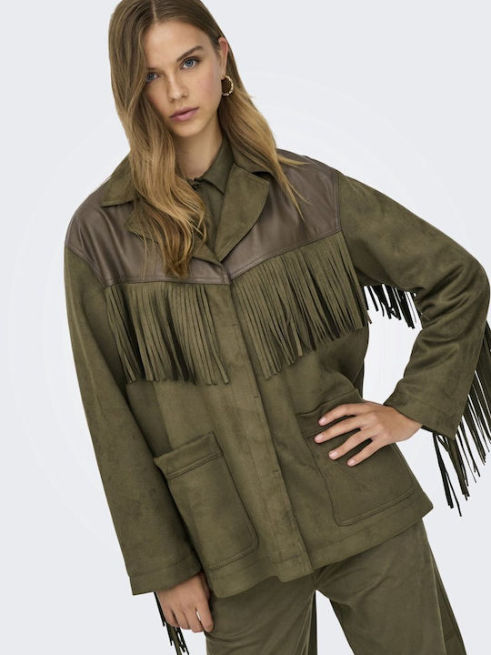Women's Long Lifestyle Suede Jacket for Winter Oil Green