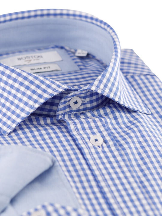 Long-sleeved Cotton Shirt Checked Light Blue
