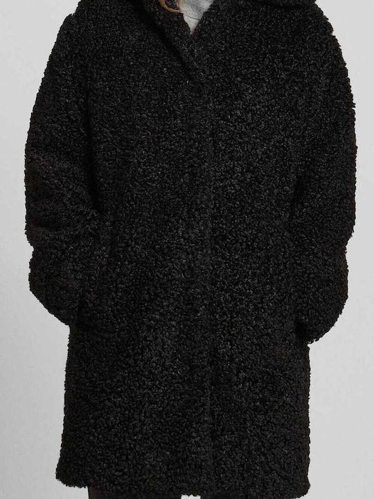 Women's Black Coat Teddy with Buttons