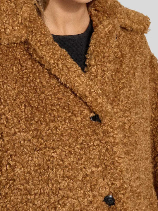 Γυναικείο Καφέ Παλτό Teddy με Κουμπιά