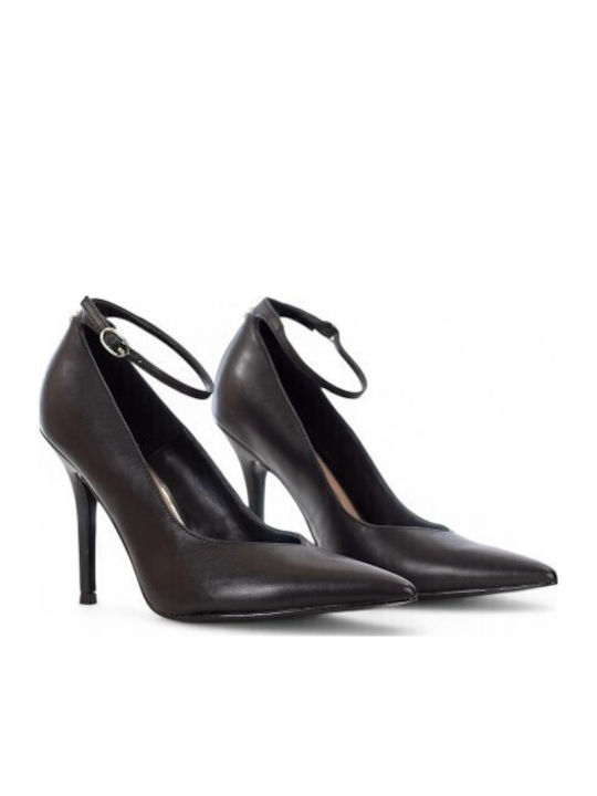 Leather Black High Heels with Strap