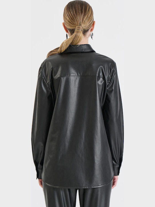 Langärmelig Damen Leder Hemd Black