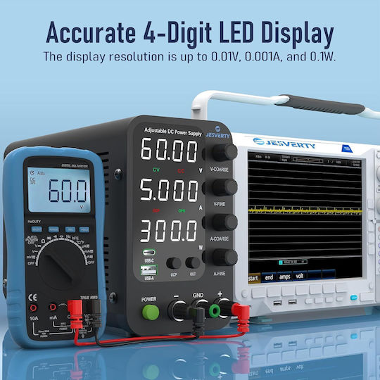 Sursă de Alimentare de Laborator 60 V 5 A DC Reglaj Fin Grosier prin Encoder 20 W USB-C USB-A Protecție la Supracurent OCP Ventilator de Răcire Intrare AC115V/230V Jesverty