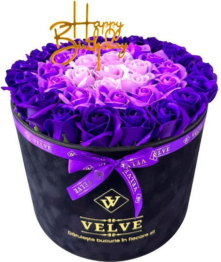 Majestic Floral Arrangement Purple Lilac Light Pink Soap Roses In A Black Velvet Box Happy Birthday Message