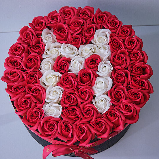 Personalized Eternal Floral Arrangement Letter M In Black Round Box 55 Soap Roses