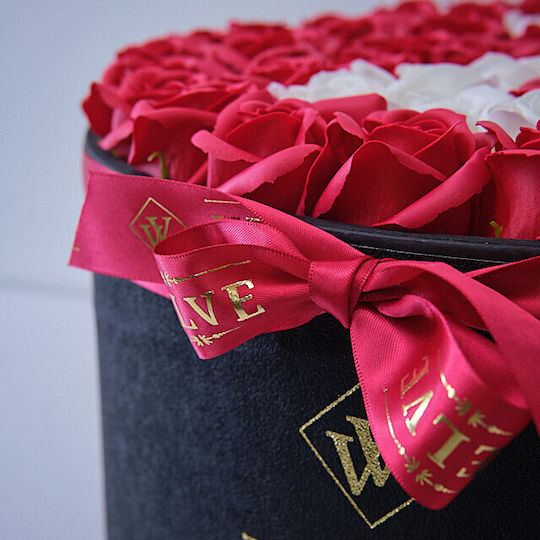 Personalized Eternal Floral Arrangement Letter M In Black Round Box 55 Soap Roses