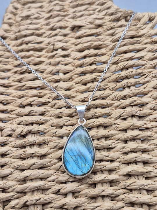 Silver Plated Necklace Blue Labradorite – Semi-Precious Stone Steel Chain