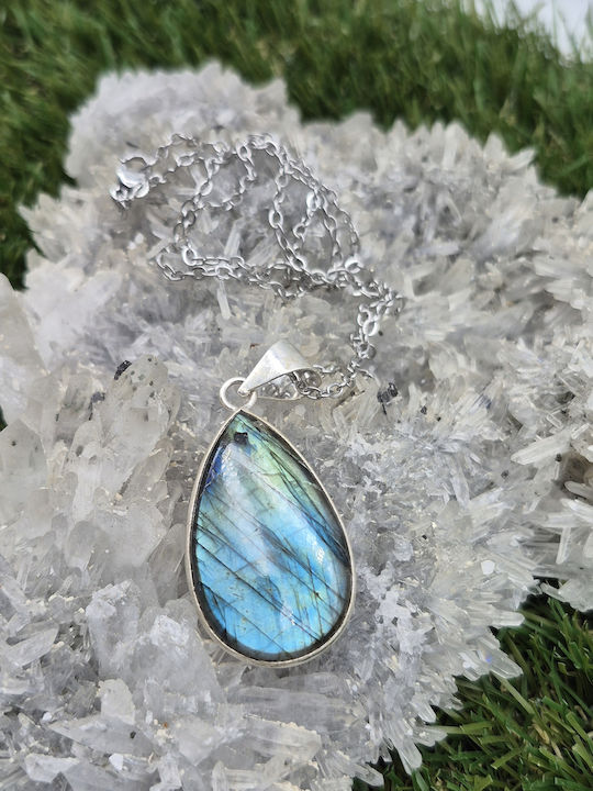 Silver Plated Necklace Blue Labradorite – Semi-Precious Stone Steel Chain