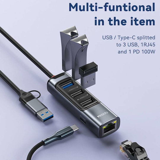 Yesido HB21 Hub 4 Ports USB 3.0 with USB-A / USB-C / Ethernet Connection Gray