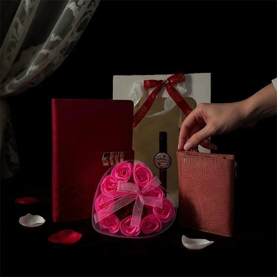 Pachet Timeless Notes Profesor Burgundy Planner Portofel Roz Închis Pix „Cel Mai Bun Profesor” Cutie Săpun Trandafiri Într-o Pungă Cu Fereastră