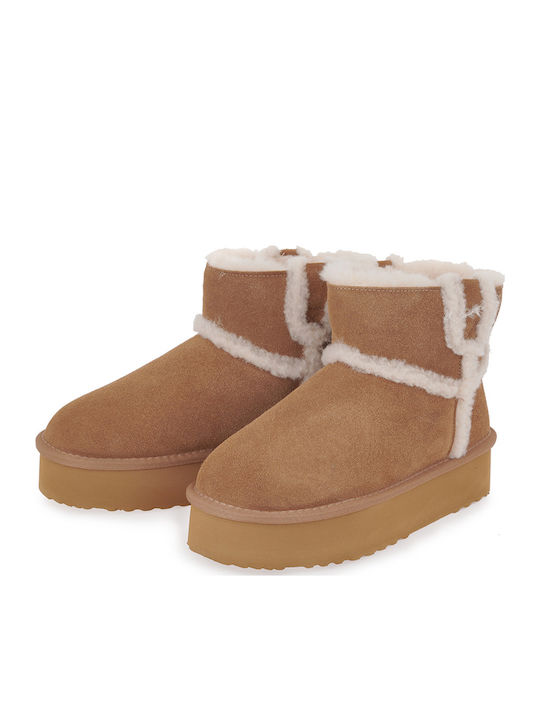 Suede Women's Ankle Boots with Fur Tabac Brown