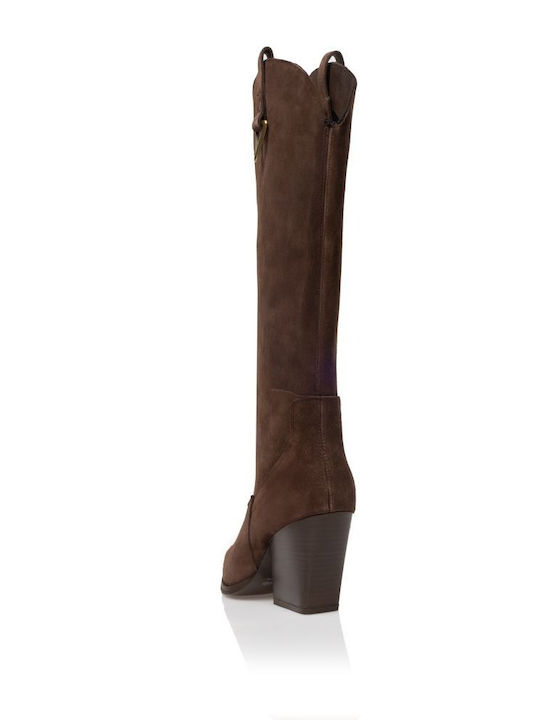 Suede High Heel Cowboy Boots Brown