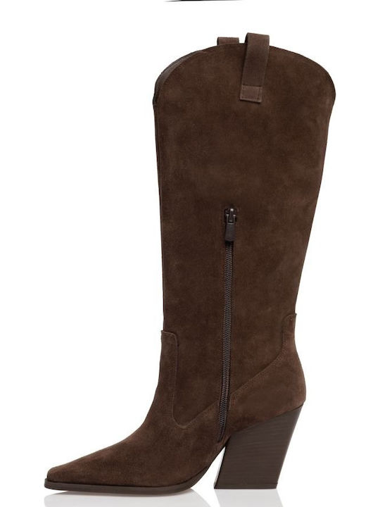 Suede High Heel Cowboy Boots Brown