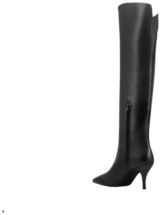 Schwarze Damenstiefel aus Leder Über dem Knie