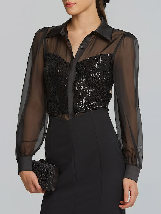Women's Satin Long Sleeve Shirt Black