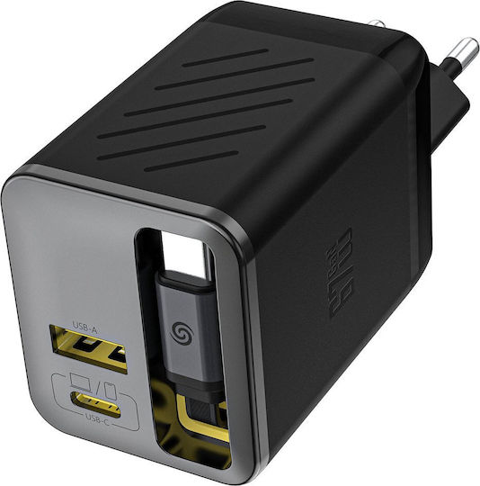 Dudao Charger with Built-in Cable GaN with USB-A Port and USB-C Port USB-C 67W Power Delivery / Quick Charge 3.0 Blacks (A67EU)