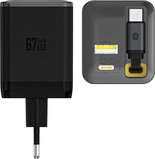 Dudao Charger with Built-in Cable GaN with USB-A Port and USB-C Port USB-C 67W Power Delivery / Quick Charge 3.0 Blacks (A67EU)