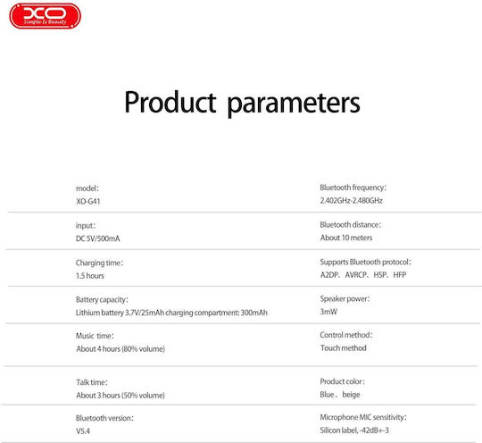 XO G41 Earbud Bluetooth Handsfree Ακουστικά με Αντοχή στον Ιδρώτα και Θήκη Φόρτισης Μπλε