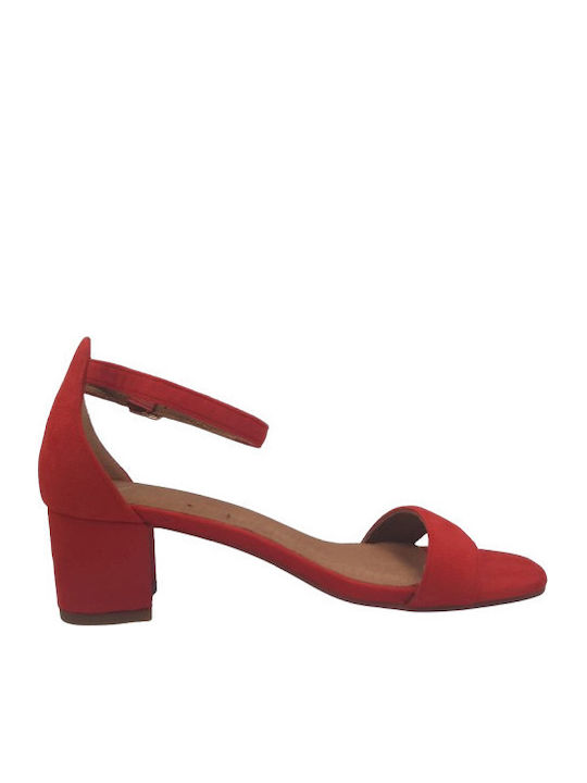Leder Damen Sandalen Anatomisch mit Chunky mittlerem Absatz in Rot Farbe