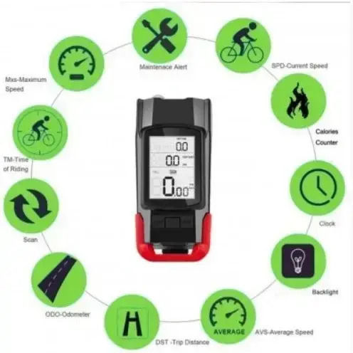 BK-1920 Rechargeable Front Bicycle Light LED with Horn and Wireless Speedometer Red