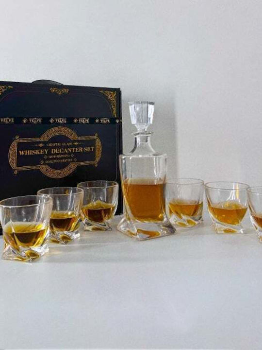 Velve Decantor Din Sticlă Pentru Servirea Whiskey 35cm Cu Dop și Pahare Transparente 1000ml
