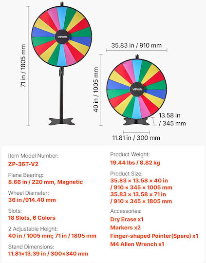 Vevor 914 Mm Prize Wheel 18 Position Prize Wheel Base Roulette Win Fortune Adjustable Height 2 Markers 6 Colors Easy Assembly Party Pub Trade Show Carnival