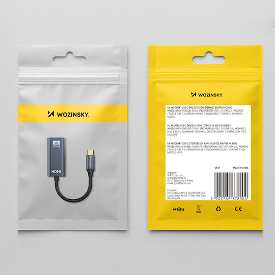 Wozinsky Конвертор USB-C женски към HDMI женски Черен 1бр WACH-01