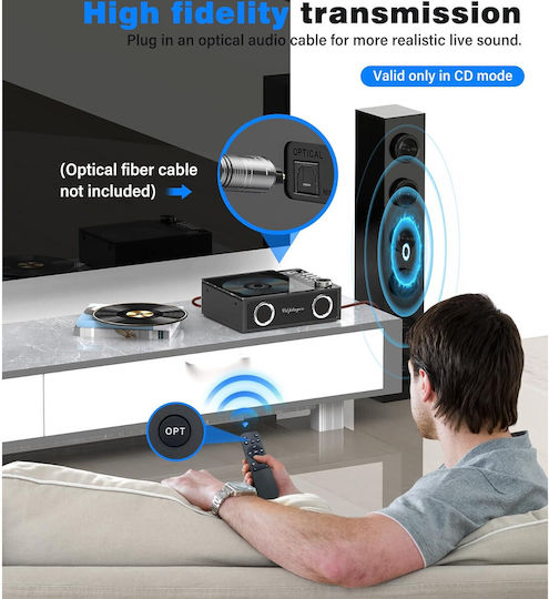 CD Player Portabil Bluetooth 5.3 Baterie 4000 mAh Telecomandă Sunet Hifi Ecran LED Difuzor Integrat Radio USB TF Aux Port Ieșire Optică Negru