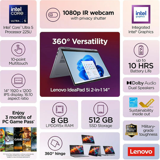 Lenovo IdeaPad 3 2-in-1 14IAL10 14" IPS FHD+ Touchscreen (Ultra 5-225U/8GB/512GB SSD/W11 Home) (US Keyboard)
