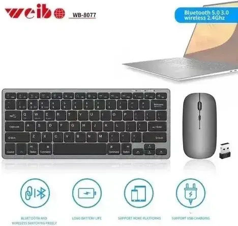 Weibo WB-8077 Ασύρματο Bluetooth Σετ Πληκτρολόγιο & Ποντίκι Αγγλικό US Γκρι