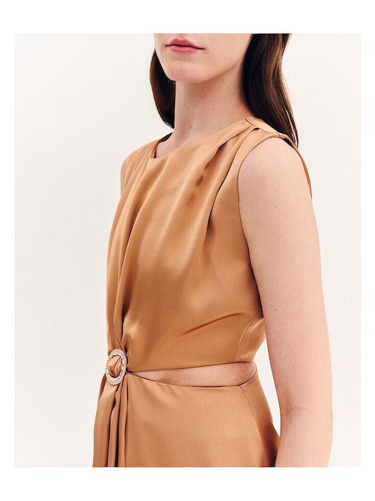 Summer Midi Evening Satin Dress with Tearing Bronze