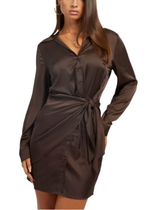 Alya Mini Evening Shirt Dress Satin Wrap Dark Brown