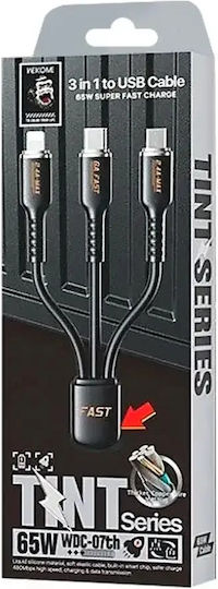 WK WDC-07TH Regular USB to Lightning / Type-C / micro USB Cable Μαύρο 1m