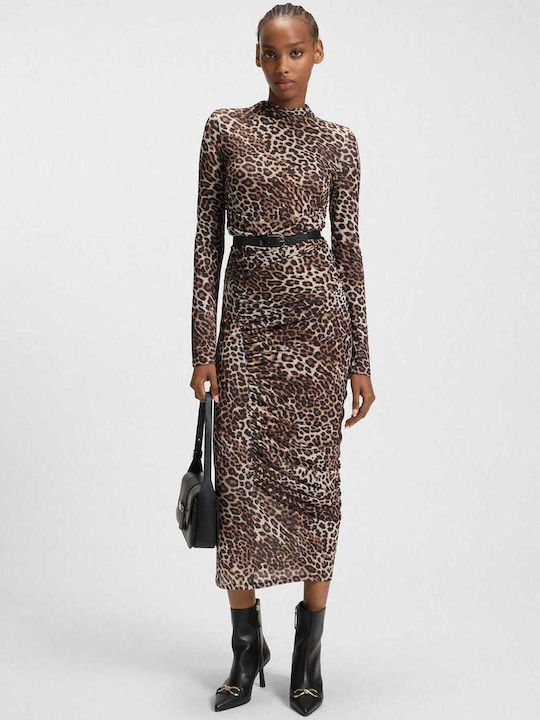 Midi Βραδινό Φόρεμα με Διαφάνεια Animal Print