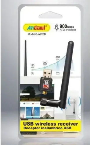 Andowl Q-A220B USB Network Adapter with Wireless Wi-Fi Connection 900Mbps and Detachable Antenna
