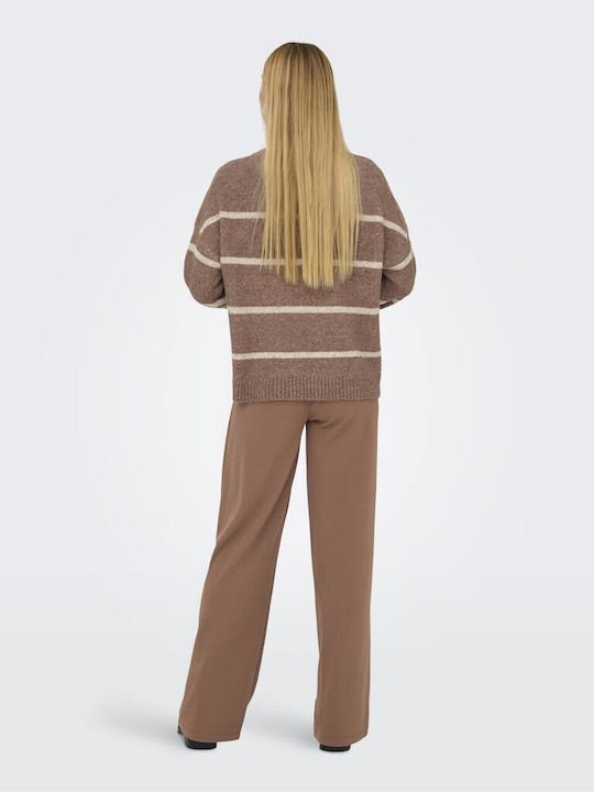 Women's Long Sleeve Sweater Woolen Striped Brown, Beige