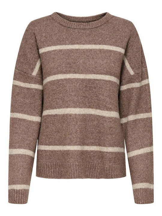 Women's Long Sleeve Sweater Woolen Striped Brown, Beige