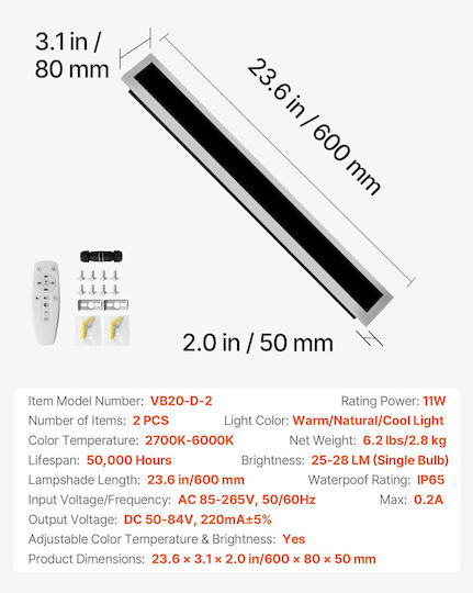 Vevor Επιτοίχιο Γραμμικό Φωτιστικό LED IP65