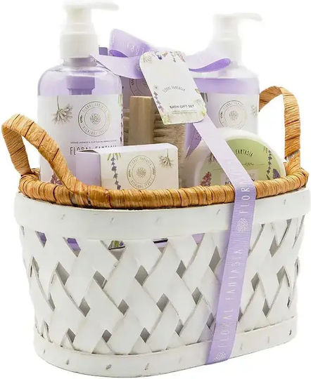 Becasan Wooden Basket Set Floral Fantasy Skin Care Set for Moisturizing & Body Cleaning Wooden Basket 25 x 25 x 15cm 6pcs